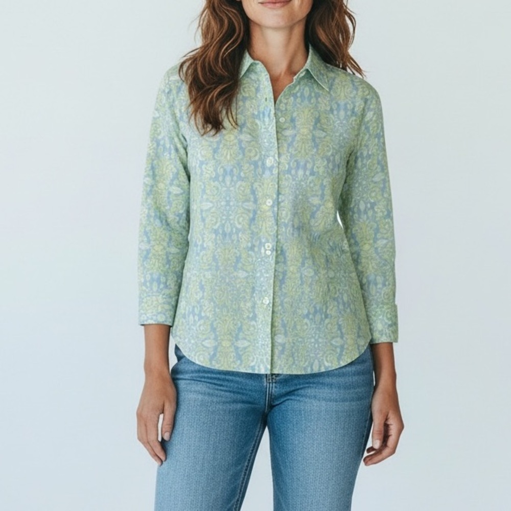 J McLaughlin Womens‎ Blue Yellow Button Down Medallion Blouse Top Cotton Silk XS
